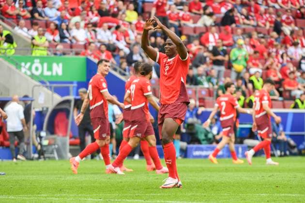 COLOGNE, GERMANY - JUNE 15: Breel Embolo of Switzerland celebrates his goal during the UEFA EURO, EM, Europameisterschaft,Fussball 2024 group stage match between Hungary and Switzerland at Cologne Stadium on June 15, 2024 in Cologne, Germany. Cologne Cologne Stadium North Rhine-Westphalia Germany Copyright: xJustPictures.ch ManuelxWinterbergerx jp-en-EuSpIm-MWI_7902