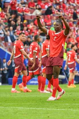 COLOGNE, GERMANY - JUNE 15: Breel Embolo of Switzerland celebrates his goal during the UEFA EURO, EM, Europameisterschaft,Fussball 2024 group stage match between Hungary and Switzerland at Cologne Stadium on June 15, 2024 in Cologne, Germany. Cologne Cologne Stadium North Rhine-Westphalia Germany Copyright: xJustPictures.ch ManuelxWinterbergerx jp-en-EuSpIm-MWI_7906