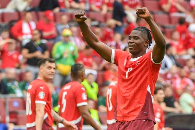 COLOGNE, GERMANY - JUNE 15: Breel Embolo of Switzerland celebrates his goal during the UEFA EURO, EM, Europameisterschaft,Fussball 2024 group stage match between Hungary and Switzerland at Cologne Stadium on June 15, 2024 in Cologne, Germany. Cologne Cologne Stadium North Rhine-Westphalia Germany Copyright: xJustPictures.ch ManuelxWinterbergerx jp-en-EuSpIm-MWI_7910