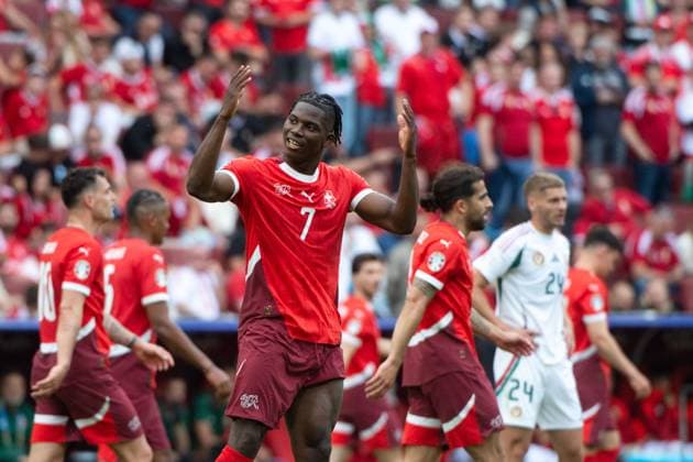 Breel Embolo (Schweiz, 07) und Team jubeln ueber das Tor zum 1:3, GER, Hungary (HUN) vs Switzerland (SUI), Fussball Europameisterschaft, UEFA EURO, EM, Europameisterschaft,Fussball 2024, Gruppe A, 1. Spieltag, 15.06.2024 GER, Hungary (HUN) vs Switzerland (SUI), Fussball Europameisterschaft, UEFA EURO 2024, Gruppe A, 1. Spieltag, 15.06.2024 Koeln Copyright: xEibner-Pressefoto Memmlerx EP_MMR