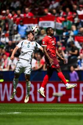 Hungary v Switzerland - UEFA EURO, EM, Europameisterschaft,Fussball 2024 Willi Orban of Hungary competes for a header with Kwadwo Duah of Switzerland during the UEFA EURO 2024 group stage football match between Hungary and Switzerland. Cologne Germany Copyright: xNicolòxCampox