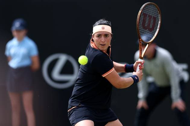 15th June 2024; Lexus Nottingham Tennis Centre, Nottingham, England; Rothesay Nottingham Open, Day 6; Ons Jabeur plays a backhand during her ladies singles quarter-final match against Karolina Pilskova  ActionPlus12654887 ShaunxBrooks