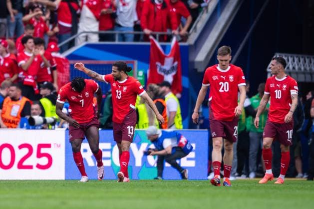 Hungary v Switzerland: Group A - UEFA EURO, EM, Europameisterschaft,Fussball 2024 Breel Embolo of Switzerland is celebrating after scoring his team s second goal with Ricardo Rodriguez, Michel Aebischer, and Granit Xhaka of Switzerland (L-R)group stage match between Hungary and Switzerland at Cologne Stadium on June 15, 2024 in Cologne, Germany. Cologne Germany  Copyright: xHeshamxElsherifx originalFilename:elsherif-notitle240615_npLcP.jpg
