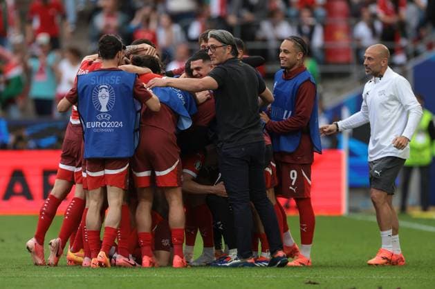 Cologne, Germany, 15th June 2024. Michel Aebischer of Switzerland celebrates with team mates after scoring to give the side a 2-0 lead during the UEFA European Championships match at Cologne Stadium, Cologne. Picture credit should read: Jonathan Moscrop Sportimage EDITORIAL USE ONLY. No use with unauthorised audio, video, data, fixture lists, club league logos or live services. Online in-match use limited to 120 images, no video emulation. No use in betting, games or single club league player publications. SPI-3181-0025