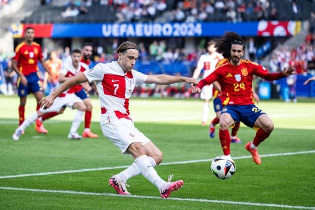 240615 Lovro Majer of Croatia during the UEFA EURO, EM, Europameisterschaft,Fussball 2024 Football Championship match between Spain and Croatia on June 15, 2024 in Berlin. Photo: Mathias Bergeld BILDBYRAN kod MB MB0935 fotboll football soccer fotball fotbolls-em europamästerskap em uefa euro uefa european football championship euro 2024 spanien spain kroatien croatia bbeng Copyright: MATHIASxBERGELD BB240615MB066
