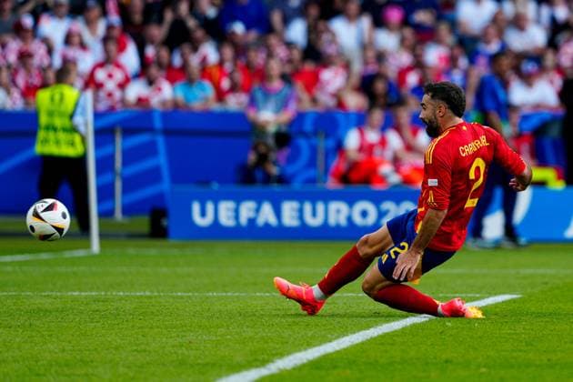 Daniel Carvajal of Spain scores a goal for their side to make it 3-0 Spain v Croatia, UEFA European Championship, EM, Europameisterschaft 2024, Group B, Football, Olympiastadion, Berlin, Germany, 15 Jun 2024 EDITORIAL USE ONLY No use with unauthorised audio, video, data, fixture lists, club league logos or live services. Online in-match use limited to 120 images, no video emulation. No use in betting, games or single club league player publications. Copyright: xDavexShopland Shutterstockx 14539285as