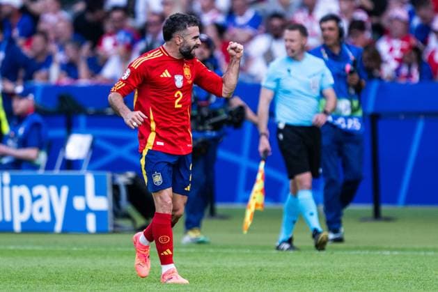 240615 Daniel Carvajal of Spain celebrates after 3-0 during the UEFA EURO, EM, Europameisterschaft,Fussball 2024 Football Championship match between Spain and Croatia on June 15, 2024 in Berlin. Photo: Mathias Bergeld BILDBYRAN kod MB MB0935 fotboll football soccer fotball fotbolls-em europamästerskap em uefa euro uefa european football championship euro 2024 spanien spain kroatien croatia bbeng Copyright: MATHIASxBERGELD BB240615MB079