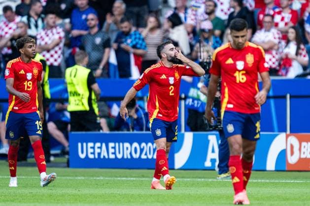 240615 Daniel Carvajal of Spain celebrates after 3-0 during the UEFA EURO, EM, Europameisterschaft,Fussball 2024 Football Championship match between Spain and Croatia on June 15, 2024 in Berlin. Photo: Mathias Bergeld BILDBYRAN kod MB MB0935 fotboll football soccer fotball fotbolls-em europamästerskap em uefa euro uefa european football championship euro 2024 spanien spain kroatien croatia bbeng jubel Copyright: MATHIASxBERGELD BB240615MB083