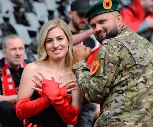Miss and soldier Albania supporters during UEFA EURO, EM, Europameisterschaft,Fussball 2024 soccer match between Italy vs. Albania at Westfalium Stadion, Dortmund, 15 of June 2024 during UEFA Euro 2024 - Italy vs Albania, UEFA European Football Championship in Dortmund, Germany, June 15 2024  Copyright: xPasqualexGolia IPAxSportx xipa-ax xx IPA_47147152 IPA_Agency_IPA47147152