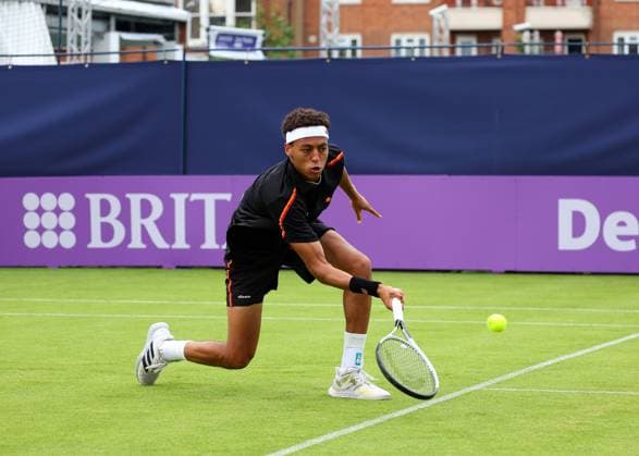 15th June 2024; Cinch Championships, Queens Club, West Kensington, London, England: Cinch Championships Queens Club, Qualifying Day 1; Paul Jubb (GBR) with a forehand shot to Mackenzie McDonald (USA)  ActionPlus12654969 JohnxPatrickxFletcher