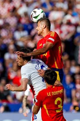 Spain v Croatia: Group B - UEFA EURO, EM, Europameisterschaft,Fussball 2024 BERLIN, GERMANY - JUNE 15: Ante Budimir of Croatia and Rodri of Spain jump for a header during the UEFA EURO 2024 group stage match between Spain and Croatia at Olympiastadion on June 15, 2024 in Berlin, Germany. LukaxStanzl PIXSELL