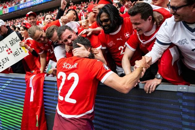 Hungary v Switzerland: Group A - UEFA EURO, EM, Europameisterschaft,Fussball 2024 Fabian Schaer is celebrating victory with fans during the UEFA EURO 2024 group stage match between Hungary and Switzerland at Cologne Stadium on June 15, 2024 in Cologne, Germany. Cologne NRW Germany  Copyright: xHeshamxElsherifx originalFilename:elsherif-hungaryv240615_np01g.jpg
