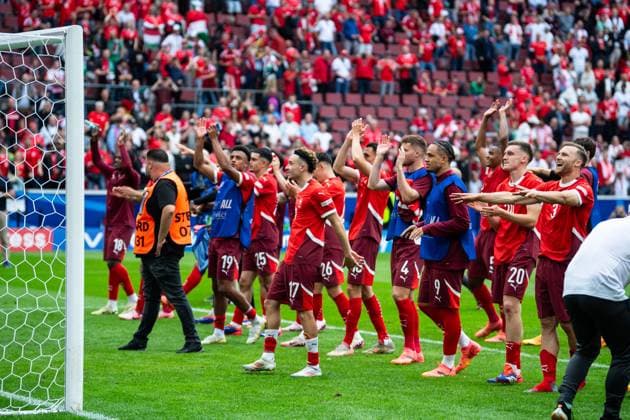 Hungary v Switzerland: Group A - UEFA EURO, EM, Europameisterschaft,Fussball 2024 Players of Switzerland are celebrating victory during the UEFA EURO 2024 group stage match between Hungary and Switzerland at Cologne Stadium in Cologne, Germany, on June 15, 2024. Cologne Germany  Copyright: xHeshamxElsherifx originalFilename:elsherif-notitle240615_npMVX.jpg