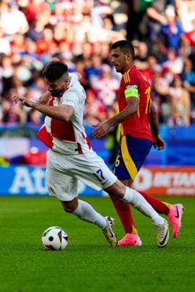 Rodri of Spain fouls Bruno Petkovic of Croatia in the box and concedes a penalty Spain v Croatia, UEFA European Championship, EM, Europameisterschaft 2024, Group B, Football, Olympiastadion, Berlin, Germany, 15 Jun 2024 EDITORIAL USE ONLY No use with unauthorised audio, video, data, fixture lists, club league logos or live services. Online in-match use limited to 120 images, no video emulation. No use in betting, games or single club league player publications. Copyright: xDavexShopland Shutterstockx 14539285cr