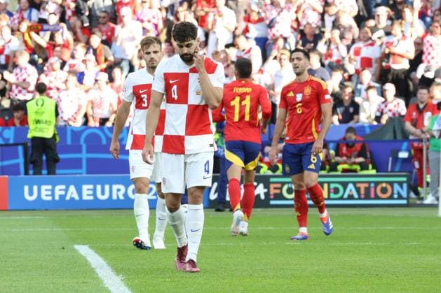 DEU, GER, Euro-2024, Group B, ESP vs. CRO, 15.06.2024, Berliner Olympiastadion, Berlin, DEU, GER, Euro-2024, Group B, ESP vs. CRO, im Bild Josko Gvardiol (Kroatien 4), Marin Pongracic (Kroatien 3) Foto: Juergen Engler nordphoto GmbH