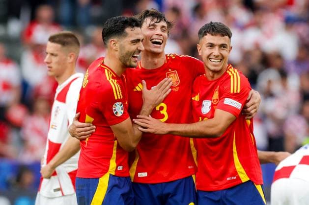 Spain v Croatia: Group B - UEFA EURO, EM, Europameisterschaft,Fussball 2024 BERLIN, GERMANY - JUNE 15: Mikel Merino, Robin Le Normand and Martin Zubimendi of Spain celebrate the win during the UEFA EURO 2024 group stage match between Spain and Croatia at Olympiastadion on June 15, 2024 in Berlin, Germany. LukaxStanzl PIXSELL