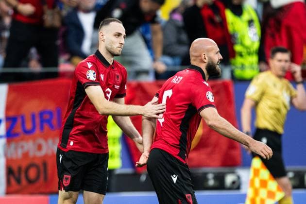 240615 Mario Mitaj and Arlind Ajeti of Albania celebrate after 0-1 during the UEFA EURO, EM, Europameisterschaft,Fussball 2024 Football Championship match between Italy and Albania on June 15, 2024 in Dortmund. Photo: Jesper Zerman BILDBYRAN kod JZ JZ0538 fotboll football soccer fotball fotbolls-em europamästerskap em uefa euro uefa european football championship euro 2024 italy albanien albania bbeng jubel Copyright: JESPERxZERMAN BB240615JZ036