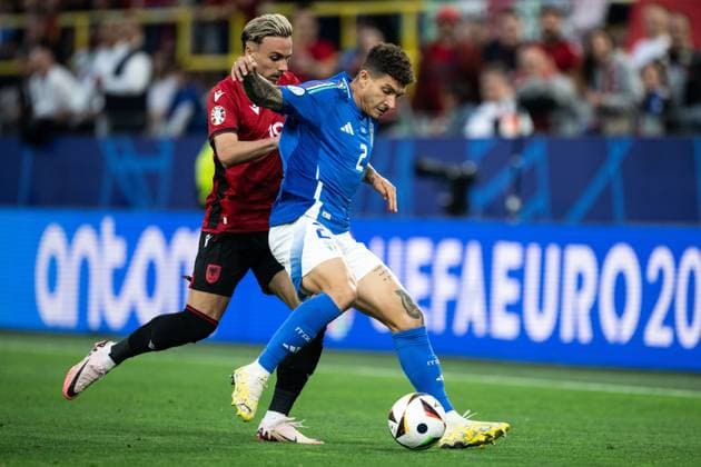 240615 Taulant Seferi of Albania and Giovanni Di Lorenzo of Italy during the UEFA EURO, EM, Europameisterschaft,Fussball 2024 Football Championship match between Italy and Albania on June 15, 2024 in Dortmund. Photo: Jesper Zerman BILDBYRAN kod JZ JZ0538 fotboll football soccer fotball fotbolls-em europamästerskap em uefa euro uefa european football championship euro 2024 italy albanien albania bbeng Copyright: JESPERxZERMAN BB240615JZ041
