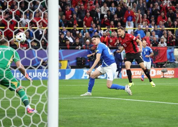 Dortmund, Germany, 15th June 2024. Nedim Bajrami of Albania scores the first goal during the UEFA European Championships match at Signal Idruna Park, Dortmund. Picture credit should read: David Klein Sportimage EDITORIAL USE ONLY. No use with unauthorised audio, video, data, fixture lists, club league logos or live services. Online in-match use limited to 120 images, no video emulation. No use in betting, games or single club league player publications. SPI-3195-0015