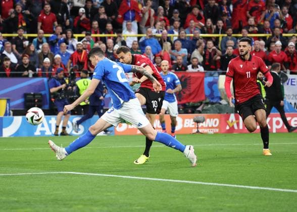 Dortmund, Germany, 15th June 2024. Nedim Bajrami of Albania scores the first goal during the UEFA European Championships match at Signal Idruna Park, Dortmund. Picture credit should read: David Klein Sportimage EDITORIAL USE ONLY. No use with unauthorised audio, video, data, fixture lists, club league logos or live services. Online in-match use limited to 120 images, no video emulation. No use in betting, games or single club league player publications. SPI-3195-0016