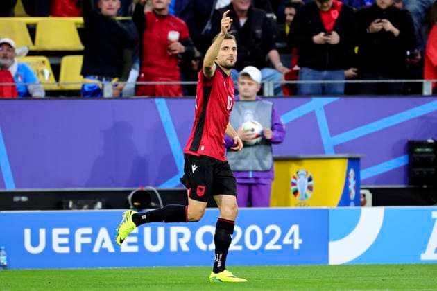 Nedim Bajrami of Albania celebrates during the Euro 2024 Group Stage B football match between Italy and Albania at BVB Stadium in Dortmund (Germany), June 15th, 2024. cesarexpurini