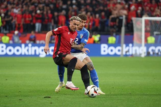 Germany - UEFA EURO, EM, Europameisterschaft,Fussball 2024 - Italy vs Albania - 15 06 2024 GERMANY, DORTMUND, JUNE 15. Taulan Sulejmanov of Albania duels for the ball with Giovanni Di Lorenzo of Italy during the UEFA EURO 2024 group B stage match between Italy and Albania. on June 15, 2024, BVB Stadion in Dortmund, Germany. Photo by Manuel Blondeau AOP.Press Dortmund BVB Stadion Germany Copyright: x ManuelxBlondeau AOP.Pressx AOP20240615 0006