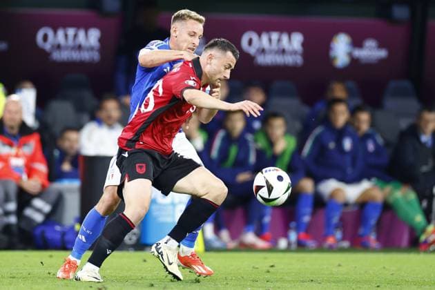 DORTMUND, Signal Iduna Park Stadium, 15-06-2024 , European Football Championship Euro2024, Group stage match no.4 between Italy and Albania, Italy player Federico Gatti and Albania player Medon Berisha Italy - Albania (Euro2024)  x25499239x Copyright: