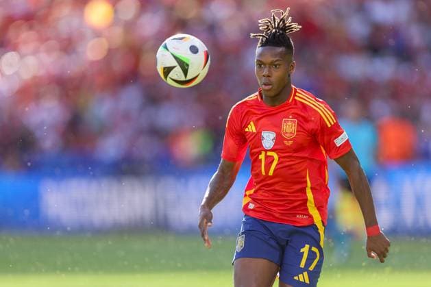2024-06-15 Spain v Croatia - Group B - UEFA EURO, EM, Europameisterschaft,Fussball 2024 BERLIN, GERMANY - JUNE 15: Nico Williams of Spain with ball during the Group B - UEFA EURO 2024 match between Spain and Croatia at Olympiastadion on June 15, 2024 in Berlin, Germany. (Photo by Peter Lous BSR Agency) Berlin Germany Content not available for redistribution in The Netherlands directly or indirectly through any third parties. Copyright: xBSRxAgencyx