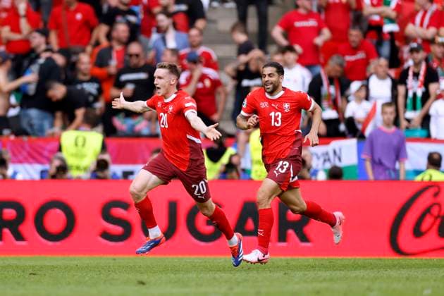 AEBISCHER Michael Team Schweiz mit RODRIGUEZ Ricardo jubelt nach seinem Tor zum 0 : 2 UEFA Fussball EURO 2024 in Deutschland Spiel Gruppe A Ungarn - Schweiz 1 : 3 am 15.06.2024 in Koeln DFL REGULATIONS PROHIBIT ANY USE OF PHOTOGRAPHS as IMAGE SEQUENCES and or QUASI-VIDEO Copyright: xLacixPerenyix
