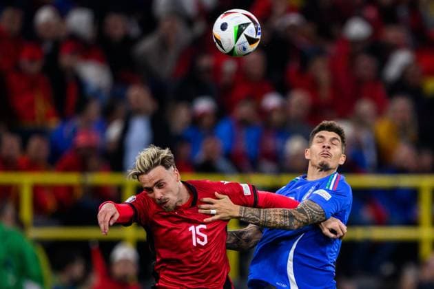 240615 Taulant Seferi of Albania and Giovanni Di Lorenzo of Italy during the UEFA EURO, EM, Europameisterschaft,Fussball 2024 Football Championship match between Italy and Albania on June 15, 2024 in Dortmund. Photo: Jesper Zerman BILDBYRAN kod JZ JZ0538 fotboll football soccer fotball fotbolls-em europamästerskap em uefa euro uefa european football championship euro 2024 italy albanien albania bbeng Copyright: JESPERxZERMAN BB240615JZ128
