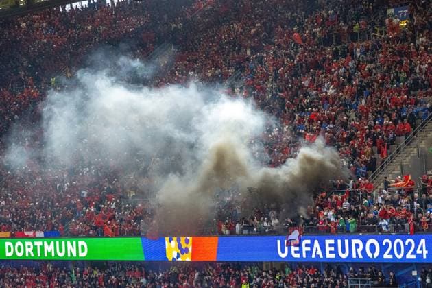 GER, EURO 2024, Group B, Italien (ITA) vs Albanien (ALB) 15.06.2024, BVB Stadium Dortmund, Dortmund, GER, EURO 2024, Group B, Italien (ITA) vs Albanien (ALB) Im Bild: Pyro in der albanischen Fankurve