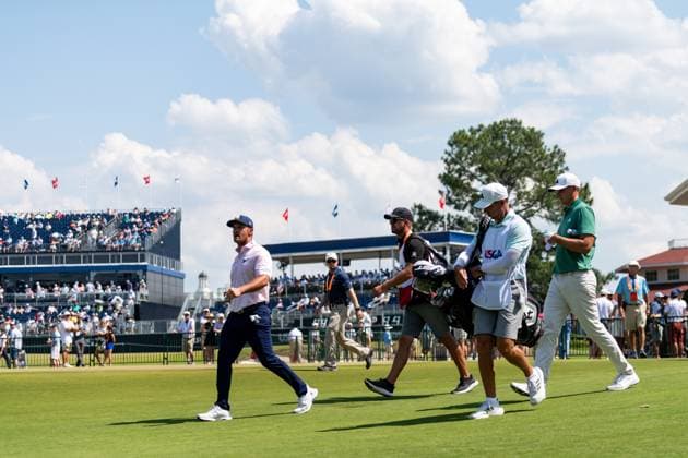 June 15, 2024, Pinehurst, North Carolina, USA: BRYSON DeCHAMBEAU of Grapevine, Texas, and LUDVIG ABERG of Sweden walk off the first tee during Saturday s third round for the 124th U.S. Open, June 15, 2024, at Pinehurst Resort & Country Club (Course No. 2) in Pinehurst, North Carolina. Pinehurst USA - ZUMAh97_ 20240615_fap_h97_043 Copyright: xTimothyxL.xHalex