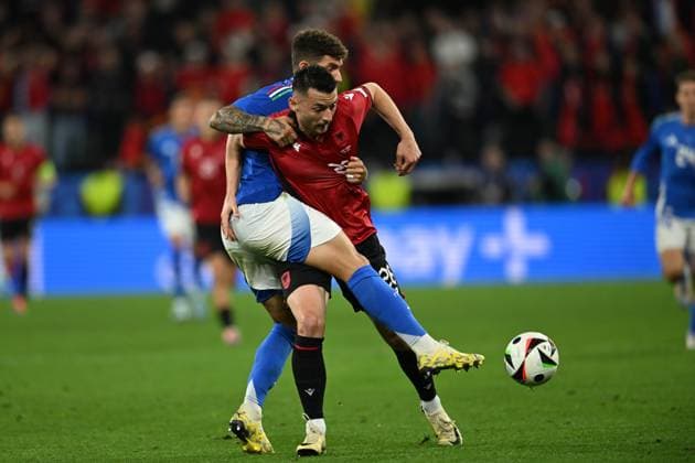 Abrer Hoxha (Albania)Giovanni Di Lorenzo (Italy) during the UEFA EURO, EM, Europameisterschaft,Fussball Germany 2024 match between Italy 2-1 Albania at BVB Stadion Dortmund on June 15, 2024 in Dortmund, Germany. Noxthirdxpartyxsales  (256541486)