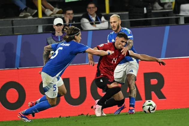 Riccardo Calafiori (Italy)Qazim Laci (Albania)Federico Dimarco (Italy) during the UEFA EURO, EM, Europameisterschaft,Fussball Germany 2024 match between Italy 2-1 Albania at BVB Stadion Dortmund on June 15, 2024 in Dortmund, Germany. Noxthirdxpartyxsales  (256541654)