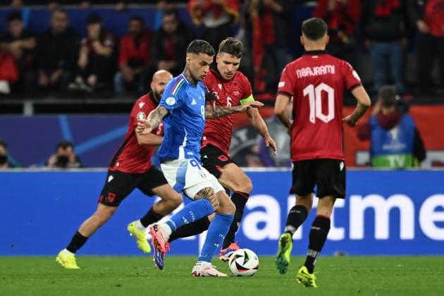 Gianluca Scamacca(Italy)Berat Dmijsiti (Albania) during the UEFA EURO, EM, Europameisterschaft,Fussball Germany 2024 match between Italy 2-1 Albania at BVB Stadion Dortmund on June 15, 2024 in Dortmund, Germany. Noxthirdxpartyxsales  (256542076)