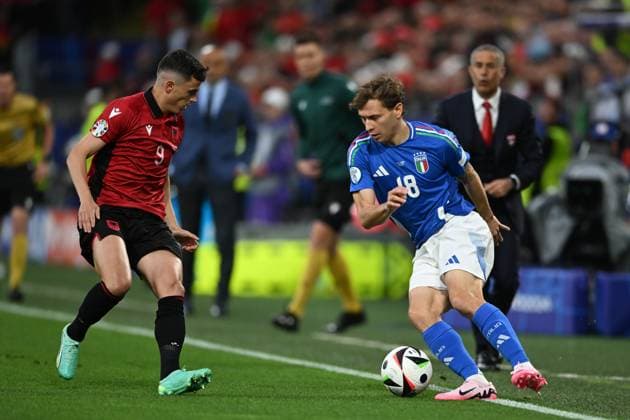Nicolo Barella(Italy)Jasir Asani (Albania) during the UEFA EURO, EM, Europameisterschaft,Fussball Germany 2024 match between Italy 2-1 Albania at BVB Stadion Dortmund on June 15, 2024 in Dortmund, Germany. Noxthirdxpartyxsales  (256542585)