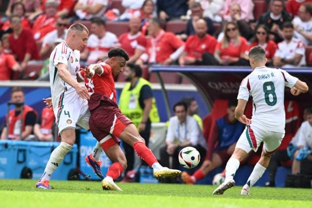 Dan Ndoye (Switzerland)Attila Szalai (Hungary)Adam Nagy (Hungary) during the UEFA EURO, EM, Europameisterschaft,Fussball Germany 2024 match between Hungary 1-3 Switzerland at Cologne Stadium on June 15, 2024 in Cologne, Germany. Noxthirdxpartyxsales  (256542875)