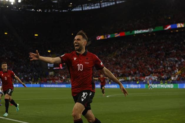 Dortmund, Germany: Nedim Bajrami of Albania celebrating after a goal during the EURO 2024, Group B football match between Italy and Albania on 15 June 2024 at BVB Stadium in Dortmund, Germany. Photo Nderim Kaceli UEFA European Football Championship - UEFA EURO, EM, Europameisterschaft,Fussball 2024 - Italy vs Albania  - ZUMAp169 20240616_zsa_p169_057 Copyright: xNderimxKaceli IPAxSportx