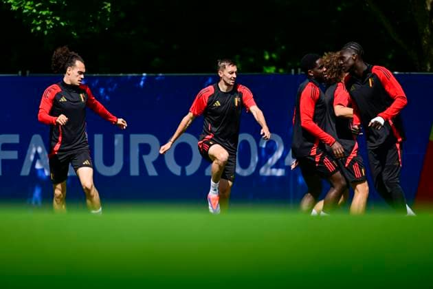 Belgium Media Activities - UEFA EURO, EM, Europameisterschaft,Fussball 2024 16 06 2024 FREIBERG AM NECKA, GERMANY - JUNE 16 : Theate Arthur defender of Belgium, Castagne Timothy defender of Belgium during a training session of the Belgian Red Devils at the UEFA EURO 2024 European Football Championship tournament on June 16, 2024 in Freiberg am Necka, Germany, 16 06 2024 Freiberg am Necka Germany  Copyright: xPeterxDexVoechtx