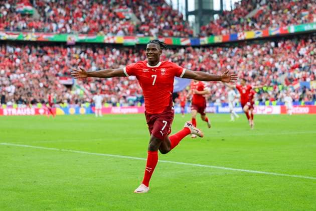 Breel Embolo (Switzerland) bejubelt seinen Treffer zum 1:3, UEFA EURO, EM, Europameisterschaft,Fussball 2024 - Group A, Hungary vs Switzerland, Stadion Köln, 15.06.2024, Köln, Deutschland.