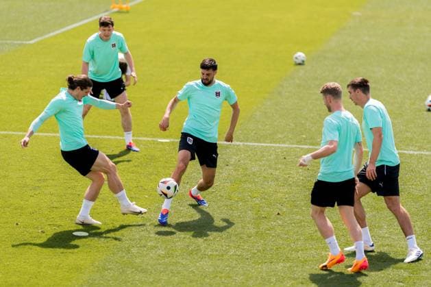 SOCCER - UEFA EURO, EM, Europameisterschaft,Fussball 2024 BERLIN,GERMANY,16.JUN.24 - SOCCER -UEFA EURO 2024, training Team AUT. Image shows Marcel Sabitzer, Michael Gregoritsch, Florian Grillitsch and Maximilian Woeber (AUT).  GEPAxpictures xJohannesxFriedl