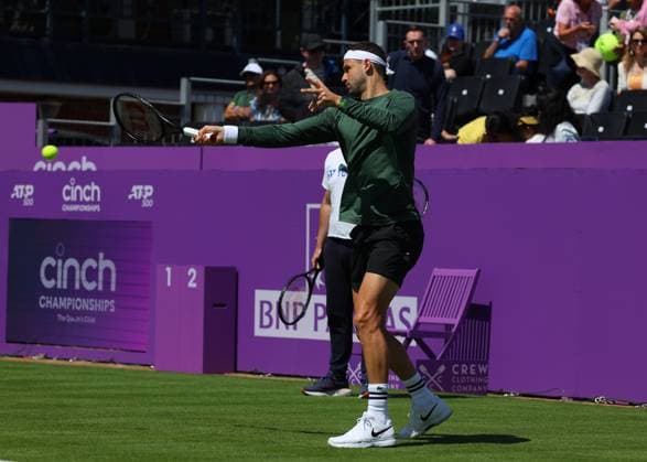 16th June 2024; Cinch Championships, Queens Club, West Kensington, London, England: Cinch Championships Queens Club, Qualifying Day 2; Grigor Dimitrov (BUL) with a forehand shot during his practise session on Centre Court  ActionPlus12655080 JohnxPatrickxFletcher