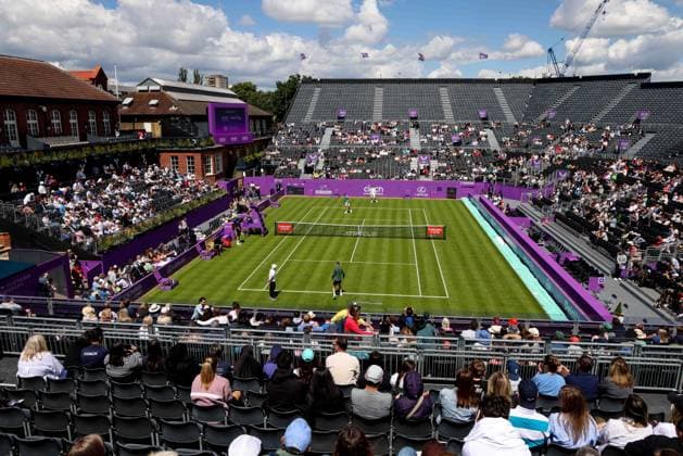 16th June 2024; Cinch Championships, Queens Club, West Kensington, London, England: Cinch Championships Queens Club, Qualifying Day 2; lejandro Tabilo (CHI) during his practise session with Grigor Dimitrov (BUL) on Centre Court  ActionPlus12655089 JohnxPatrickxFletcher