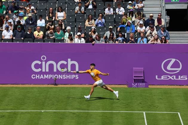 16th June 2024; Cinch Championships, Queens Club, West Kensington, London, England: Cinch Championships Queens Club, Qualifying Day 2; Defending Cinch Champion Carlos Alcaraz (ESP) on Centre Court during his practise session with Francisco Cerundolo (ARG)  ActionPlus12655099 JohnxPatrickxFletcher