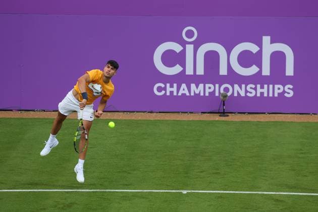 16th June 2024; Cinch Championships, Queens Club, West Kensington, London, England: Cinch Championships Queens Club, Qualifying Day 2; Defending Cinch Champion Carlos Alcaraz (ESP) serves to Francisco Cerundolo (ARG) during his practice session on Centre Court  ActionPlus12655104 JohnxPatrickxFletcher