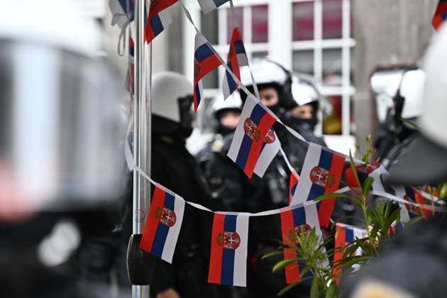 GELSENKIRCHEN, GERMANY - JUNE 16: Police secure the area outside a restaurant where a Serbia fan was attacked by a masked fan in Gelsenkirchen city centre of before the UEFA EURO, EM, Europameisterschaft,Fussball 2024 group stage match between Serbia and England at Arena AufSchalke on June 16, 2024 in Gelsenkirchen, Germany.Photo by Sebastian Frej Serbia v England: Group C - UEFA EURO 2024 Copyright: xSebastianxFrejx