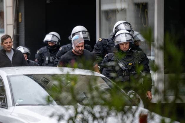 GELSENKIRCHEN, GERMANY - JUNE 16: Police secure the area outside a restaurant where a Serbia fan was attacked by a masked fan in Gelsenkirchen city centre of before the UEFA EURO, EM, Europameisterschaft,Fussball 2024 group stage match between Serbia and England at Arena AufSchalke on June 16, 2024 in Gelsenkirchen, Germany.Photo by Sebastian Frej Serbia v England: Group C - UEFA EURO 2024 Copyright: xSebastianxFrejx