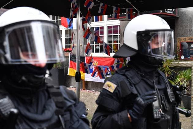 GELSENKIRCHEN, GERMANY - JUNE 16: Police secure the area outside a restaurant where a Serbia fan was attacked by a masked fan in Gelsenkirchen city centre of before the UEFA EURO, EM, Europameisterschaft,Fussball 2024 group stage match between Serbia and England at Arena AufSchalke on June 16, 2024 in Gelsenkirchen, Germany.Photo by Sebastian Frej Serbia v England: Group C - UEFA EURO 2024 Copyright: xSebastianxFrejx
