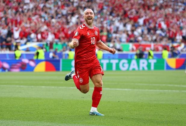 Christian Eriksen of Denmark celebrates scoring to make it 0-1 Slovenia v Denmark, UEFA European Championship, EM, Europameisterschaft 2024, Group C, Football, Stuttgart Arena, Stuttgart, Germany, 16 Jun 2024 EDITORIAL USE ONLY No use with unauthorised audio, video, data, fixture lists, club league logos or live services. Online in-match use limited to 120 images, no video emulation. No use in betting, games or single club league player publications. Copyright: xMichaelxZemanek Shutterstockx 14539399bt