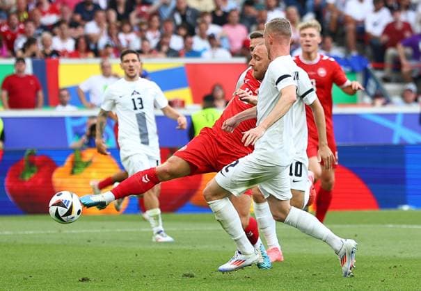 Christian Eriksen of Denmark scores to make it 0-1 Slovenia v Denmark, UEFA European Championship, EM, Europameisterschaft 2024, Group C, Football, Stuttgart Arena, Stuttgart, Germany, 16 Jun 2024 EDITORIAL USE ONLY No use with unauthorised audio, video, data, fixture lists, club league logos or live services. Online in-match use limited to 120 images, no video emulation. No use in betting, games or single club league player publications. Copyright: xMichaelxZemanek Shutterstockx 14539399cc